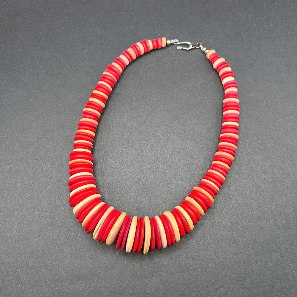 Vintage Wooden Disc Necklace Chunky Red Cream Natural Boho Graduated Choker - Picture 4 of 10